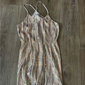 Fate Sequin Striped Midi Dress in Iridescent Pink and Gold